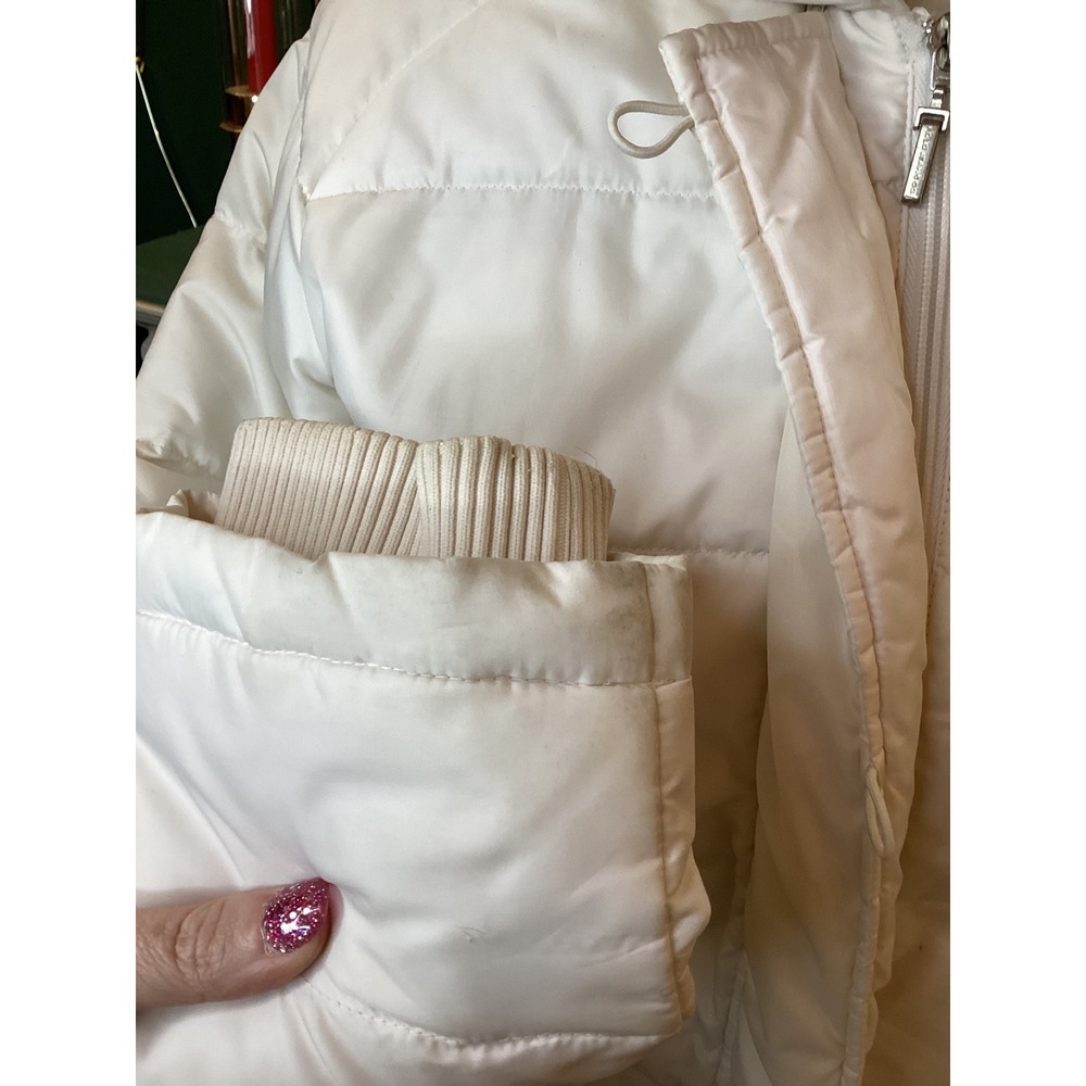 Polo Jeans Co Down Puffer Jacket Women Medium White Good Faux Fur Hood Bomber - Picture 7 of 9